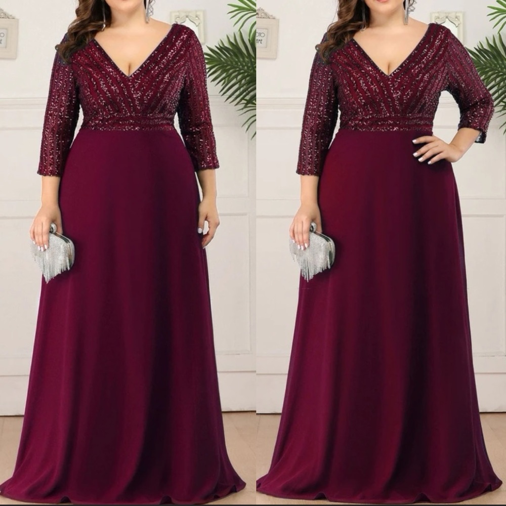 Plus size luxe V neck sequins party formal gown dress